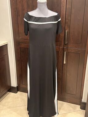 Sandro Ferrone Black Maxi Dress with White Trim - Classic Off-Shoulder Style